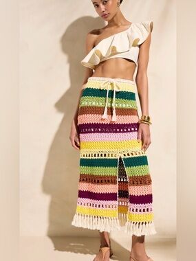 Marie Oliver Multicolor Crochet Maxi Skirt with Fringe